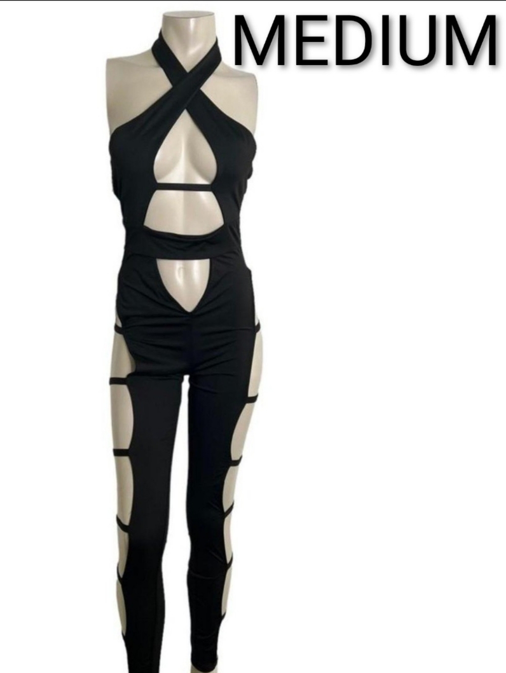 🆕SUPER SEXY Black Low Cut Bust Cut Out Side Leg Straps Halter Jumpsuit~Size M